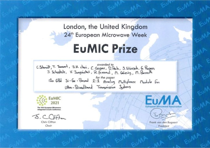 EuMIC Prize for the publication "120 GBd SiGe-Based 2:1 Analog Multiplexer Module for Ultra-Broadband Transmission Systems"