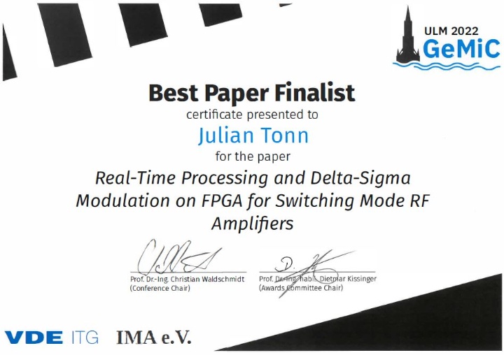 Zertifikat Best Paper Finalist: Real-Time Processing and Delta-Sigma Modulation on FPGA for Switching Mode RF Amplifiers